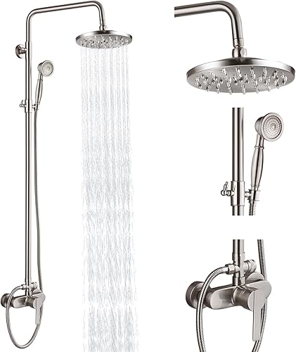Sistema de ducha de tubo expuesto, níquel cepillado de 8 pulgadas, cabezal de ducha de lluvia de 8 pulgadas, juego combinado de latón de una sola