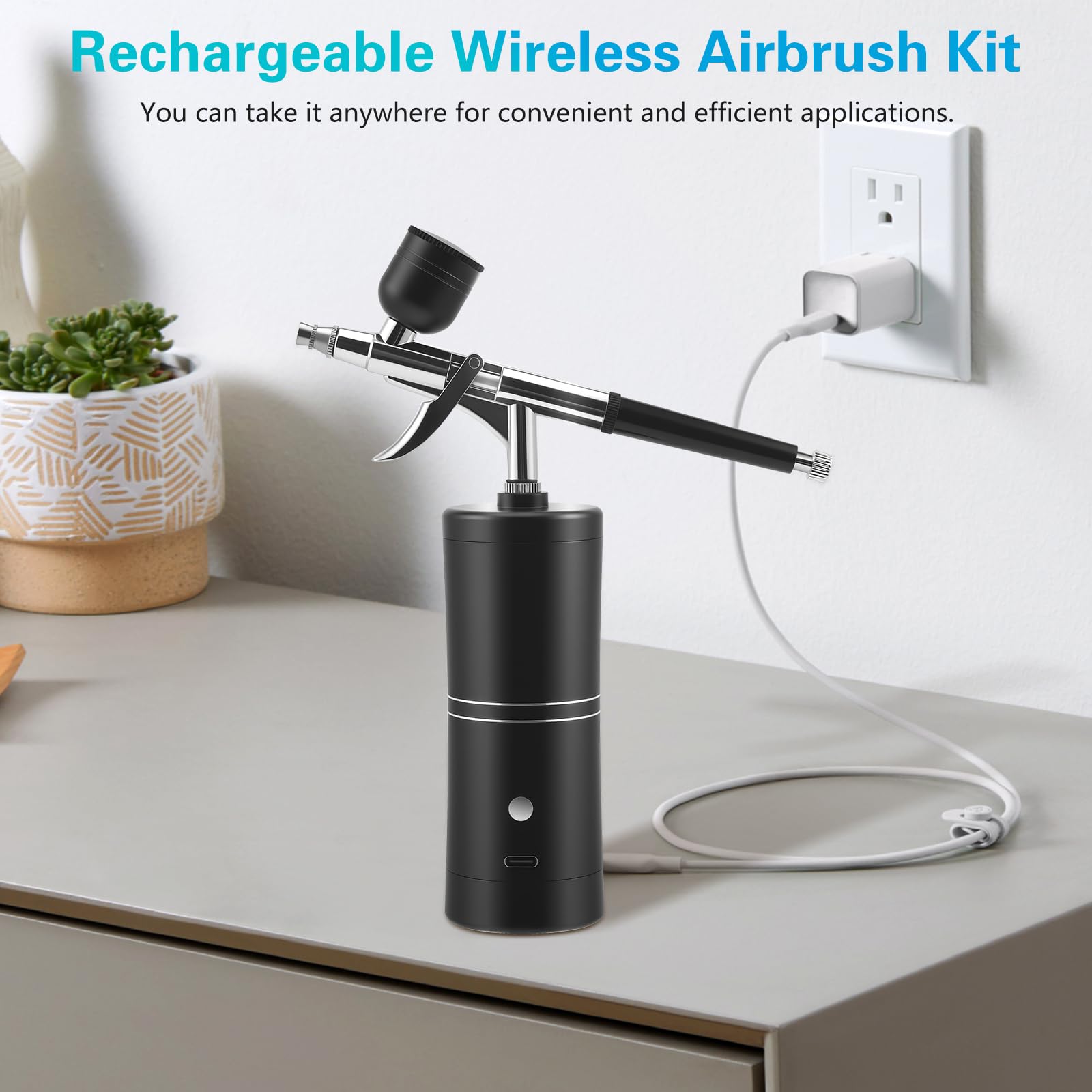 Kit aerografo con compressore – portatile e ricaricabile, con ugello da 0,3 mm, 5 aghi per pulizia e cavo di ricarica USB-C. Adatto per modellismo, cosmetici, nail art e decorazione torta