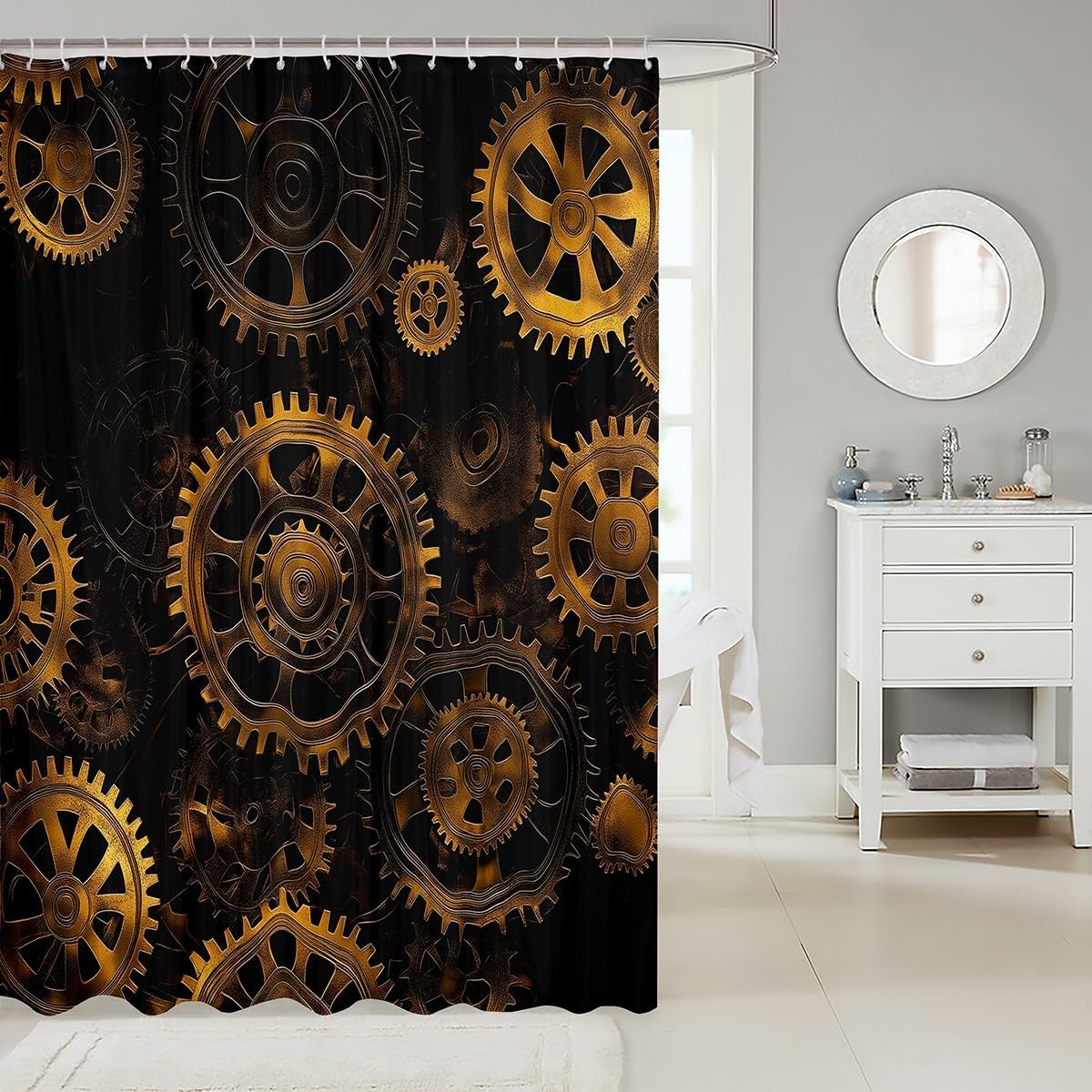 Erosebridal Golden Ndustrial Gear Shower Curtain Steampunk Style Bathtub Shower Curtain Clocks Theme Bathroom Shower Curtain for Boys Men Mechanical Device Bathroom Sets, Black 72" W x 78" L