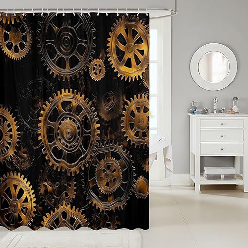 Miniatura 2 de Erosebridal Cortina de ducha con engranajes ndustriales dorados, estilo steampunk, cortina de ducha para bañera, reloj temático, cortina de ducha