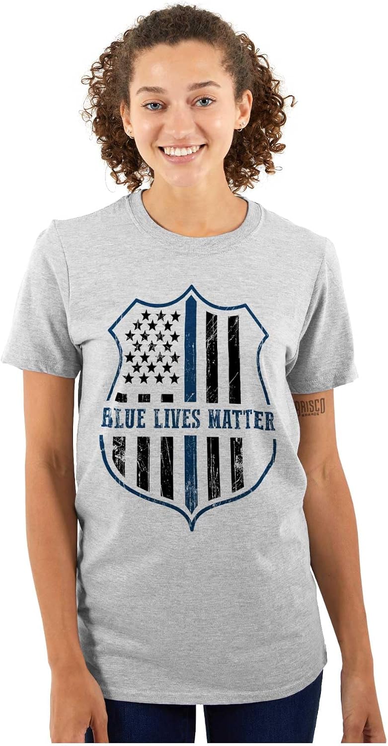 Brisco Brands Blue Line American Flag Police Badge Graphic T Shirt Men or Women