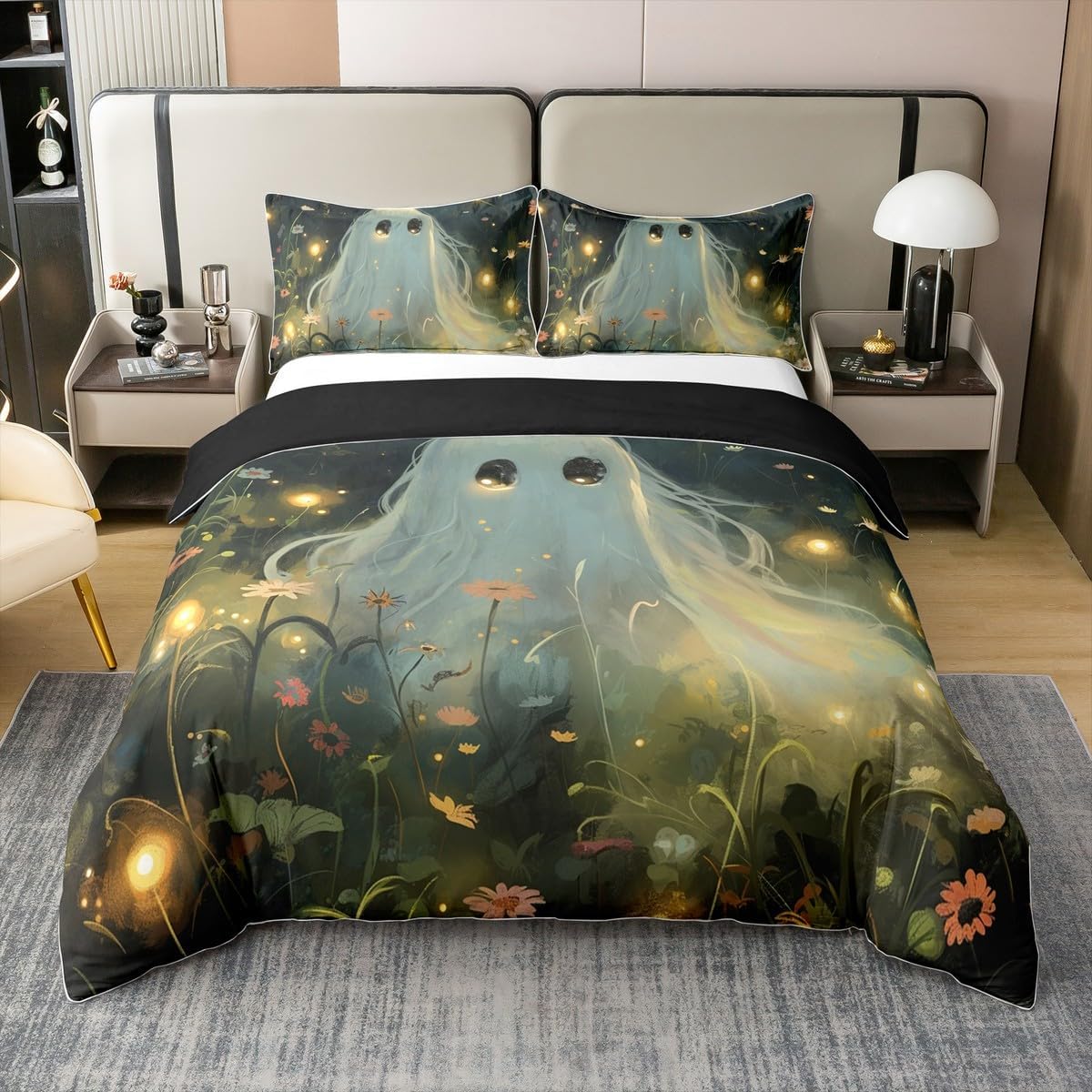 2 Pieces Jungle Ghost Duvet Cover 100% Nature Cotton Twin,Kawaii Halloween Ghost Rustic Botanical Flowers Comforter Cover,Rural Country Night Halloween Theme Super Soft Bedding (Not Comforter)