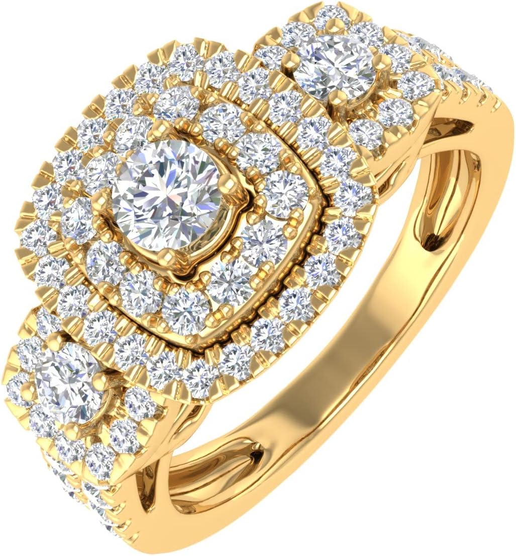 1 Carat Round Diamond Cushion Shaped Halo Ring in 14K Gold