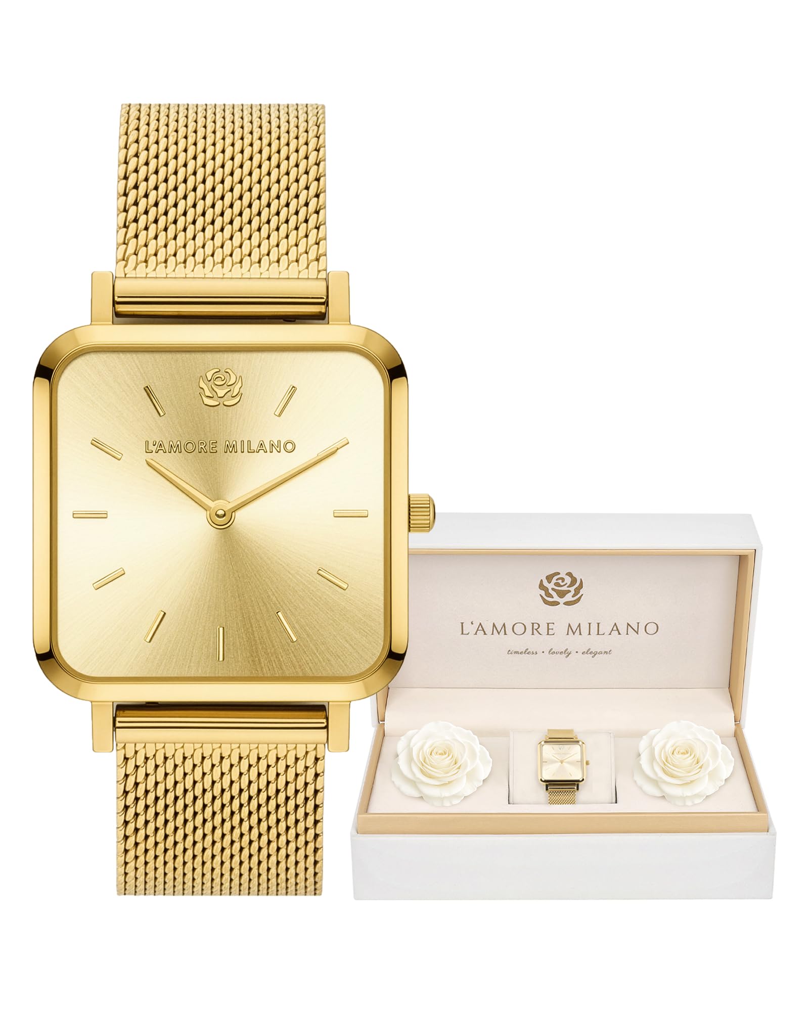 L'AMORE MILANO Damenuhr Rosenbox - Hochwertige Armbanduhr Edelstahl mit luxuriösem eckigem Design, wasserdicht 3 ATM - Edles Geschenk für Frauen, Freundin, Mutter - 28mm quadratische Damen Uhr Mesh