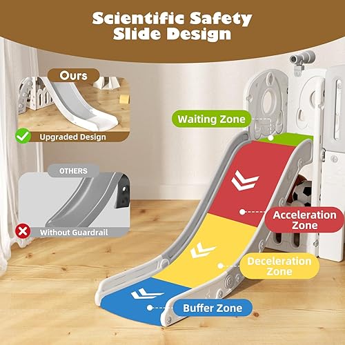 Miniatura 8 de Glaf Tobogán 9 en 1 para interiores y exteriores, toboganes para bebés de 1 a 3 años con aro de baloncesto escalador, tablero de dibujo y espacio de