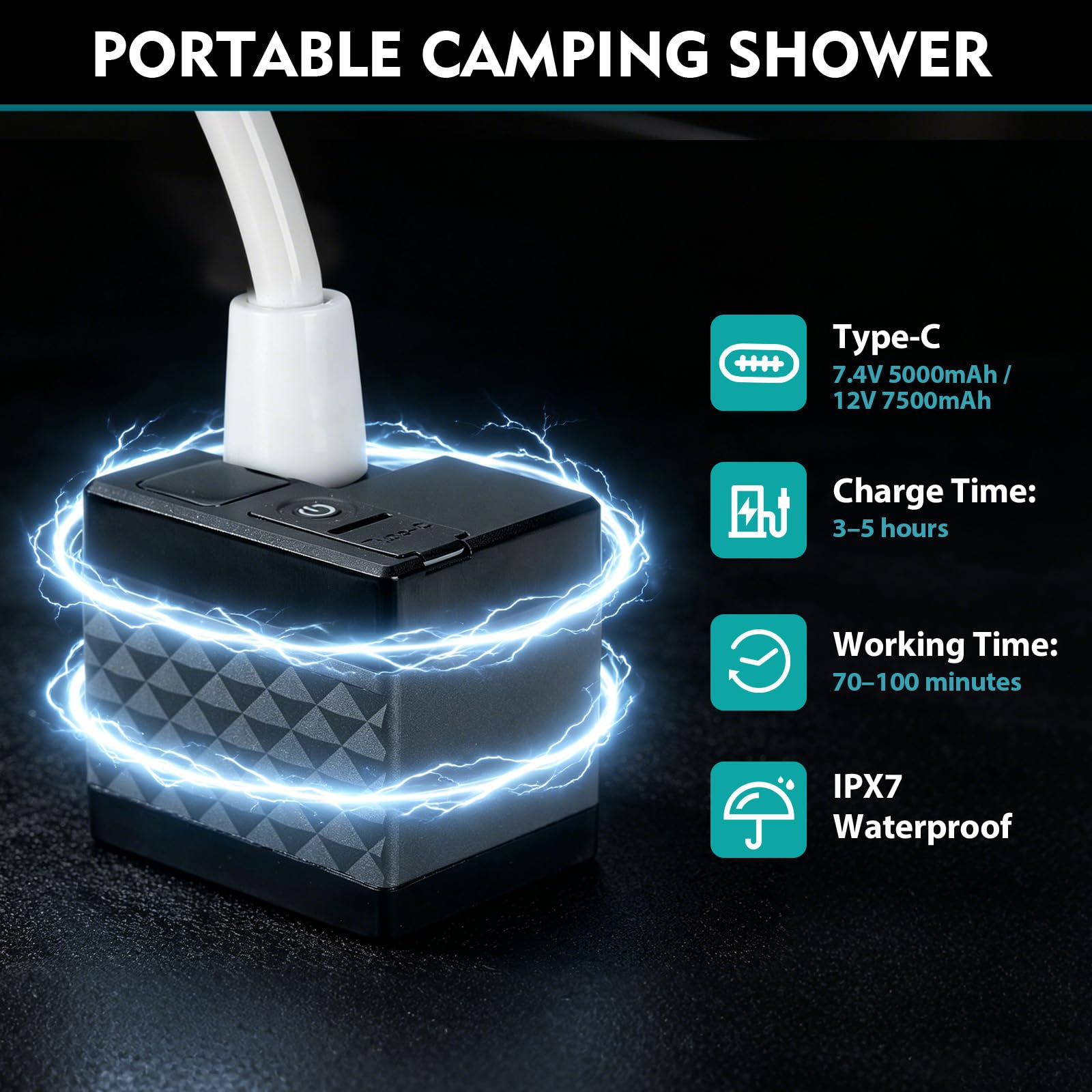 Campingdusche Akku 7500mAh, Tragbare Outdoor Dusche mit Wiederaufladbarer Pumpe | Duschkopf und 2m Schlauch, Mobile Dusche für Camping, Wohnmobil, Garten und Haustiere