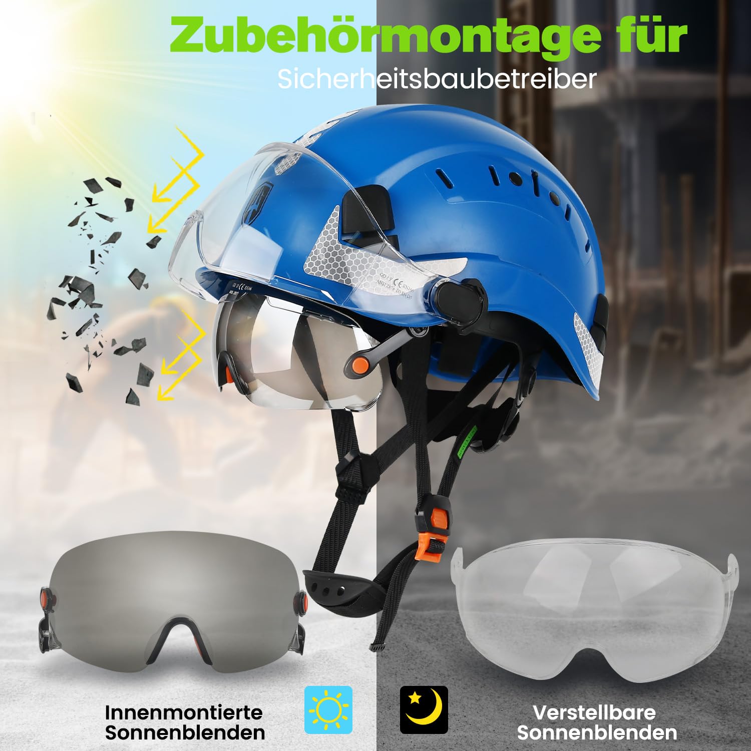 GREEN DEVIL Casco protettivo industriale certificato EN397 & EN166 con visiera colorata + trasparente, casco di sicurezza con doppia visiera per costruzione, artigianato e industriale, casco di