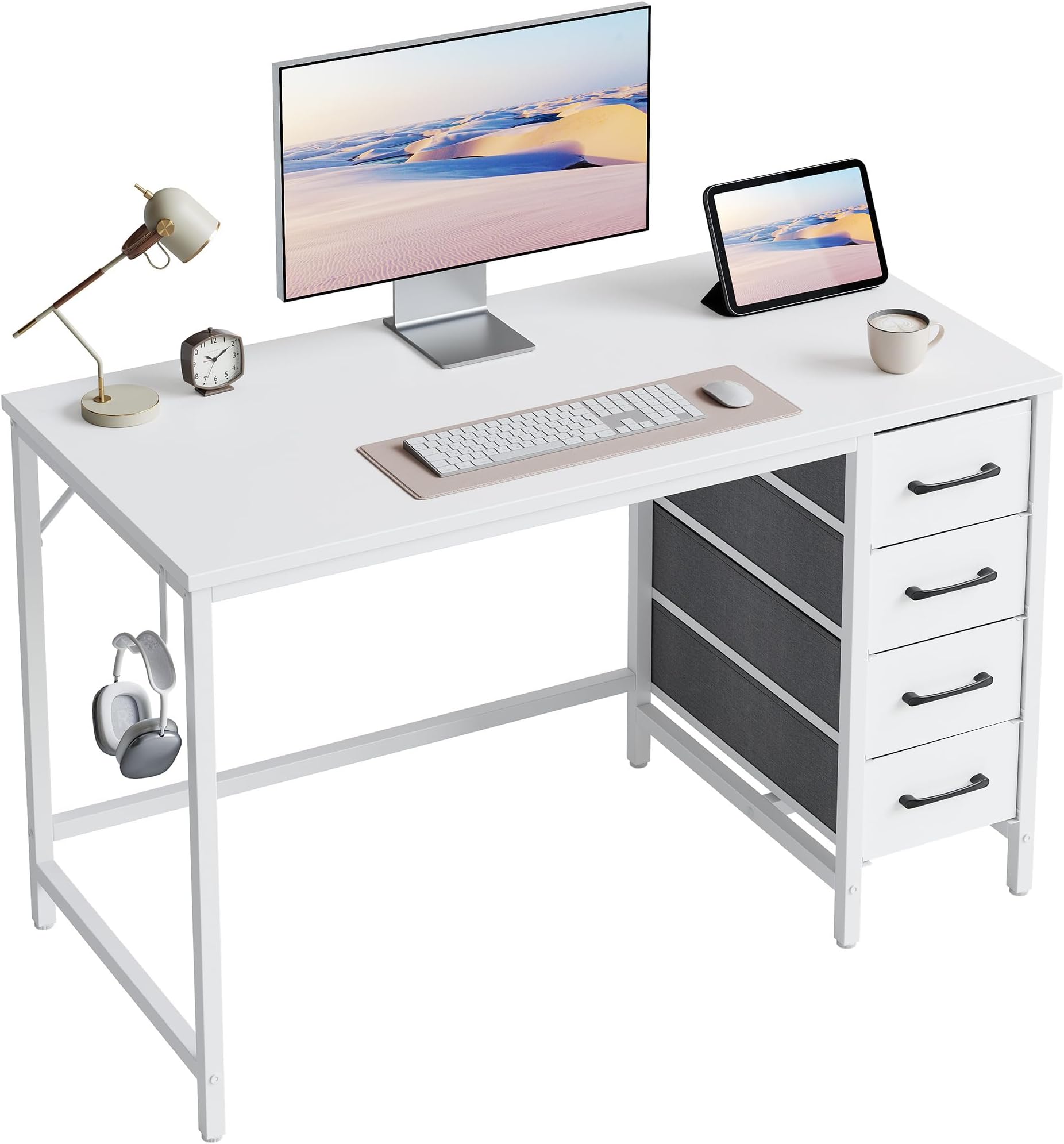 CubiCubi 47 Inch Computer Reversible Desk with 4 Storage Drawers, Small Home Office Kids Student Studying Table for Bedroom, White
