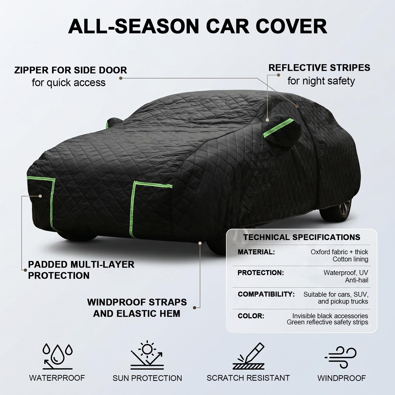 Funda Coche Antigranizo para Peugeot e-5008 (2024-2026) Espesado de 7 Capas, Forro Suave, Transpirable, Antiviento, Impermeable, Tejido Oxford, Anti-UV, 4 Estaciones
