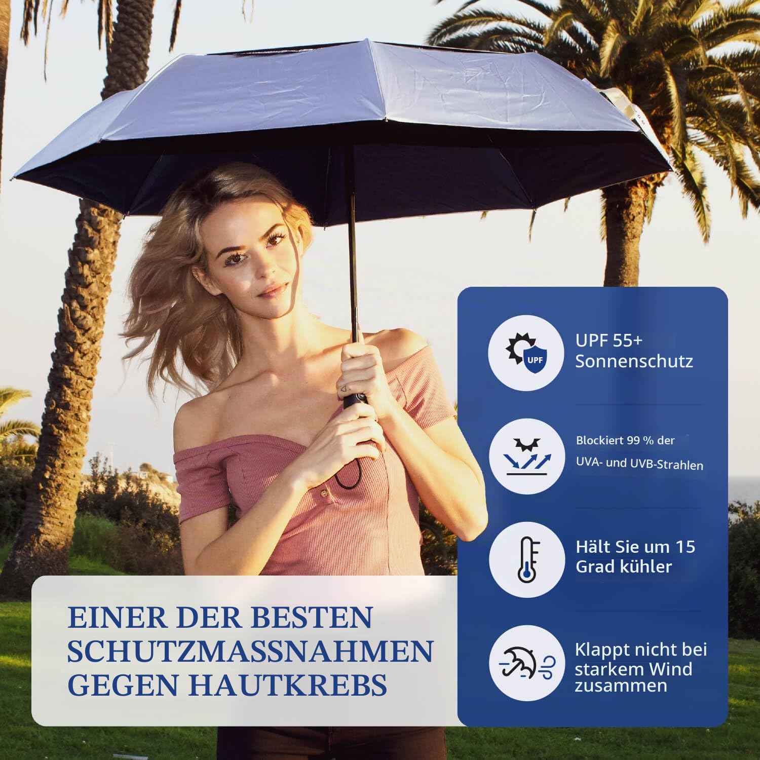 UV-Blocker Sun Umbrella UV Protection Travel Sun Protection - Auto Open, Windproof Sun Umbrella with 55+ UPF, UV Protection