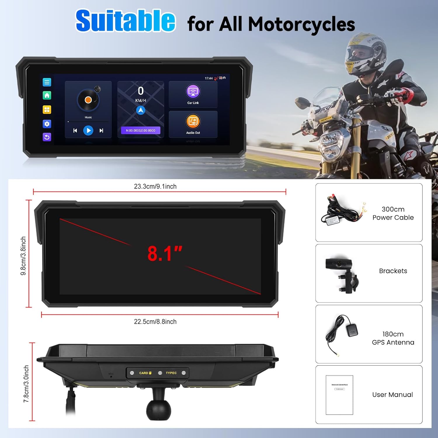 Image showing the SIXWIN 8.1-inch motorcycle display dimensions and included accessories: power cable, brackets, GPS antenna, and user manual.