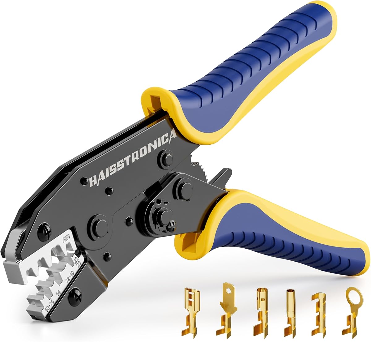 haisstronica Crimping Tool for Open Barrel Terminals, AWG 22-10, HS-5327 | Ratchet, Marked Cavities, Pressure Adjustment, Quick Release, Comfortable Grip, Home and Workshop Wiring