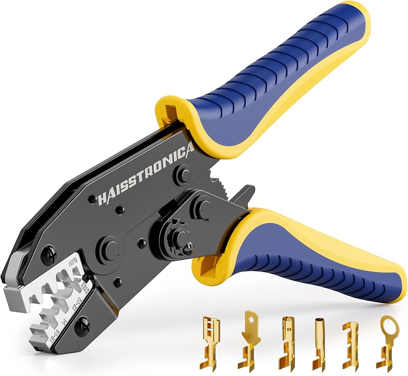 haisstronica Crimping Tool for Open Barrel Terminals, AWG 22-10, HS-5327 | Ratchet, Marked Cavities, Pressure Adjustment, Quick Release, Comfortable Grip, Home and Workshop Wiring