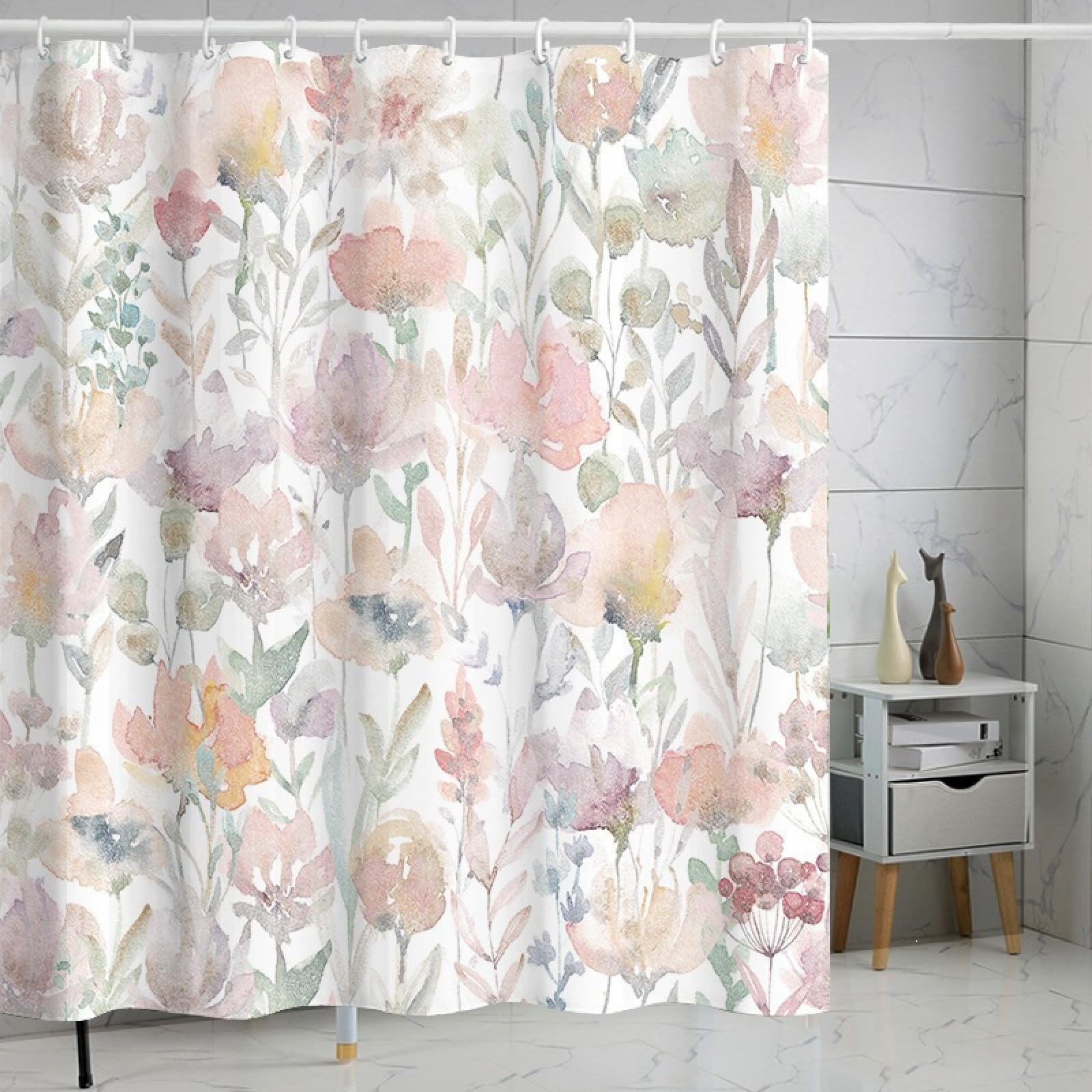 Shower Curtains Orange Pink Floral Wet Room Shower Curtain Mould Proof Resistant Waterproof Polyster Fabric Washable with 12 Hooks Garden Bathroom Curtains (180x180cm)