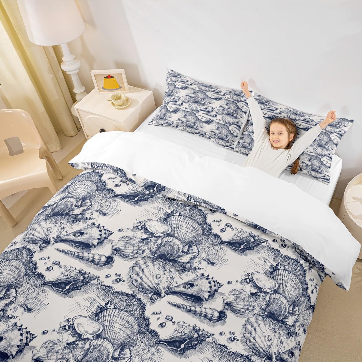Homewish Coastal Style Bedding Sets King Size,Nautical Beach Duvet Cover Set 3Pcs for Kids Girls Boys Adult Room Decor,Conch Shell Comforter Cover Vintage Sketch Style Quilt Cover,2 Pillowcases