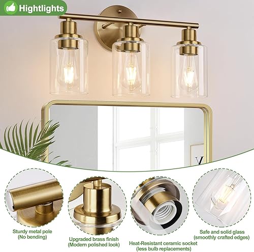 Miniatura 66 de Lámpara de baño de 3 luces doradas, moderna lámpara de tocador de baño con pantalla de vidrio transparente, luces de montaje en pared de baño de oro