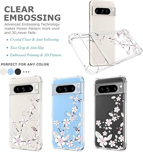 Miniatura 2 de Funda transparente floral para Pixel 8 Pro para mujeresniñas, bonita funda de teléfono para Google Pixel 8 Pro, diseño de flores, delgada, suave,