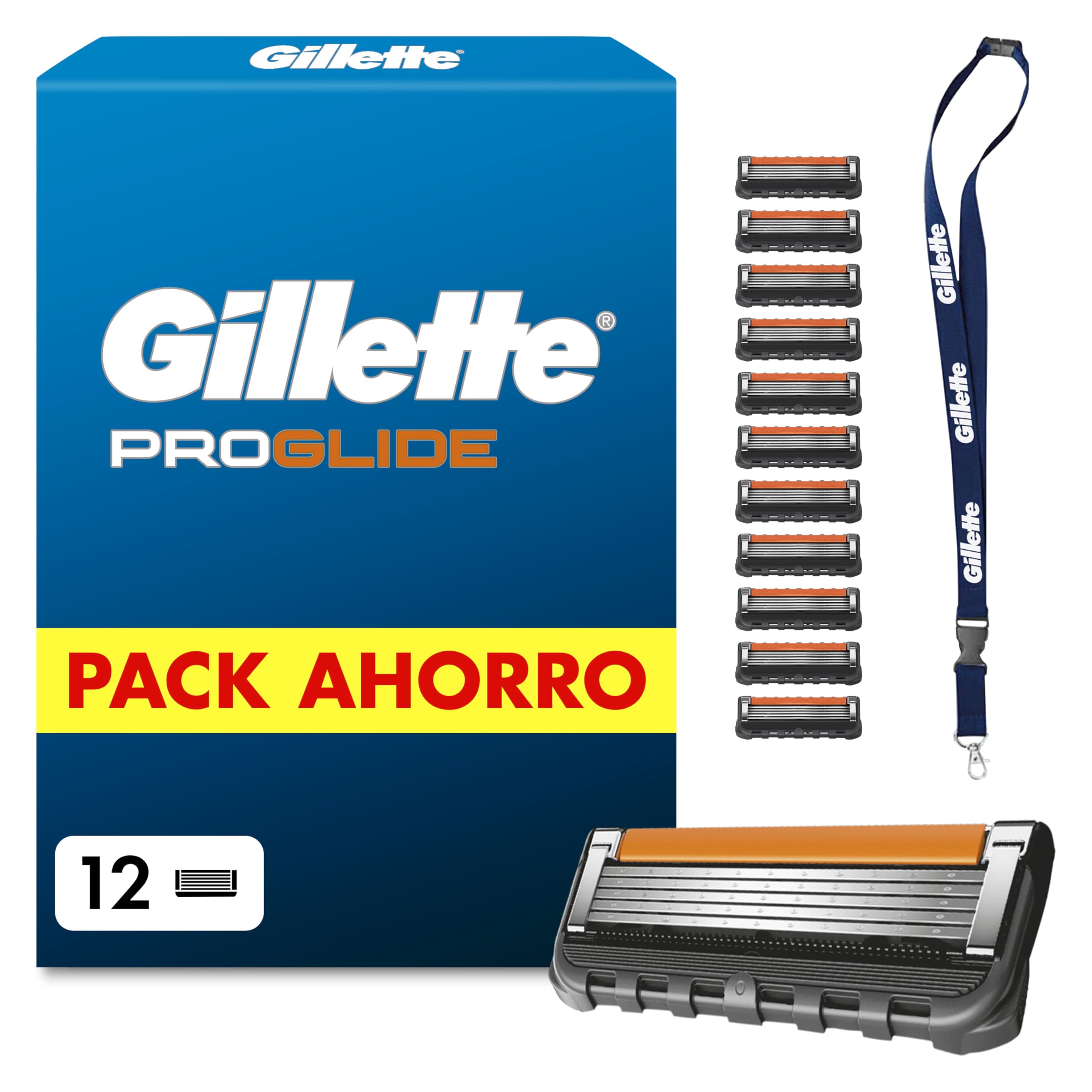 Gillette Proglide Recambios para Maquinillas de Afeitar para Hombre, Pack de 12 Cuchillas de Afeitar con Doble Lubricación Y Recortadora de Precisión