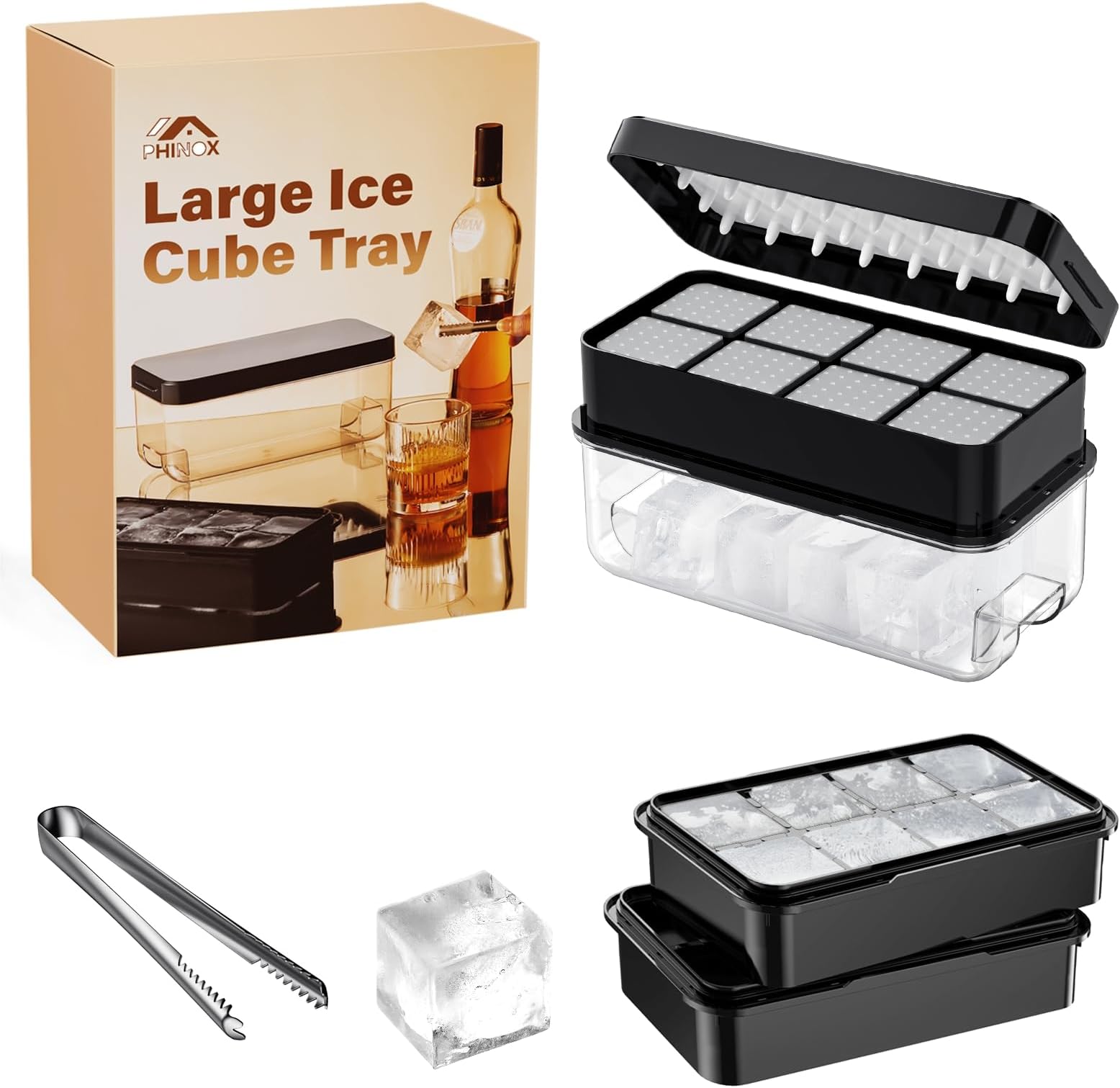 PHINOX Large Ice Cube Tray with Lid and Bin, Ice Trays for Freezer, 2 INCH Whiskey Ice Cubes Mold, 2*8 pcs Square Ice Cube Mold with Tong, Easy to Release, Large Ice Tray for Whiskey Cocktail Bourbon