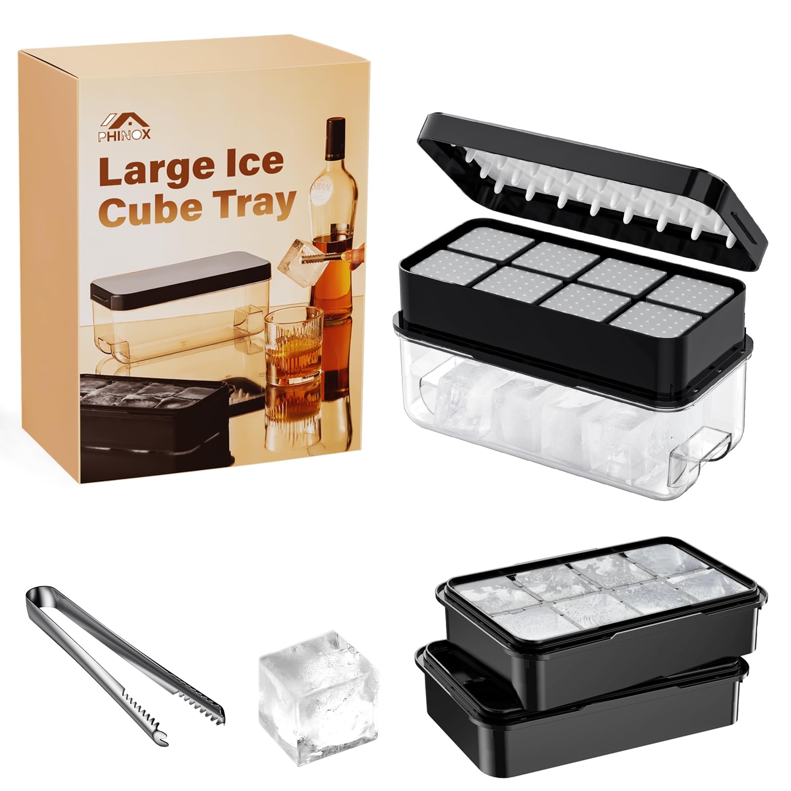 PHINOX Large Ice Cube Tray with Lid and Bin, Ice Trays for Freezer, 2 INCH Whiskey Ice Cubes Mold, 2*8 pcs Square Ice Cube Mold with Tong, Easy to Release, Large Ice Tray for Whiskey Cocktail Bourbon