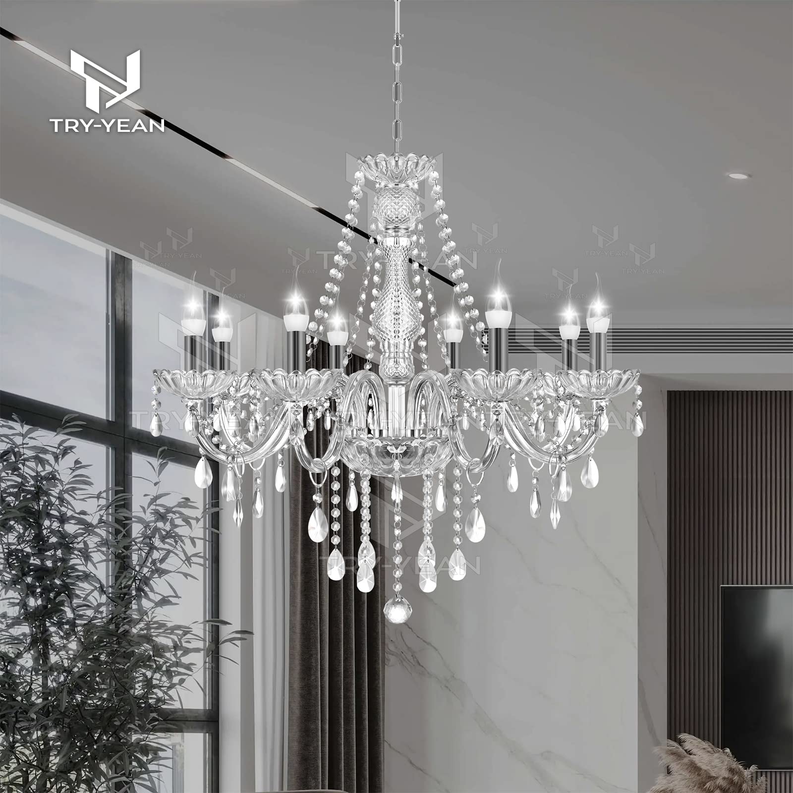 Lussuoso Lampadario a 8 Bracci Lampadario in K5 Cristallo Trasparente Lampada a Sospensione E14 con Catena Regolabile Stile Candela per Camera da Letto, Soggiorno, Sala da Pranzo, Corridoio