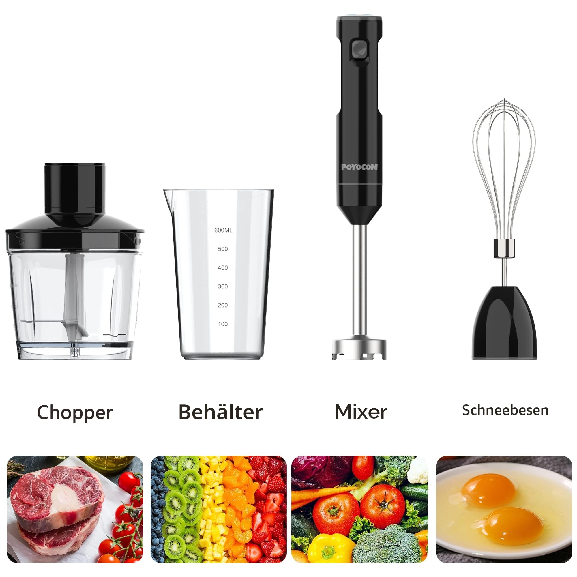 Stabmixer Kabellos, Akku Stabmixer, mit TYP-C-Kabel, Lebensmittelhacker 500 ml, Behälter 600 ml, Schneebesen, für Smoothies, Babynahrung und Suppen – Schwarz