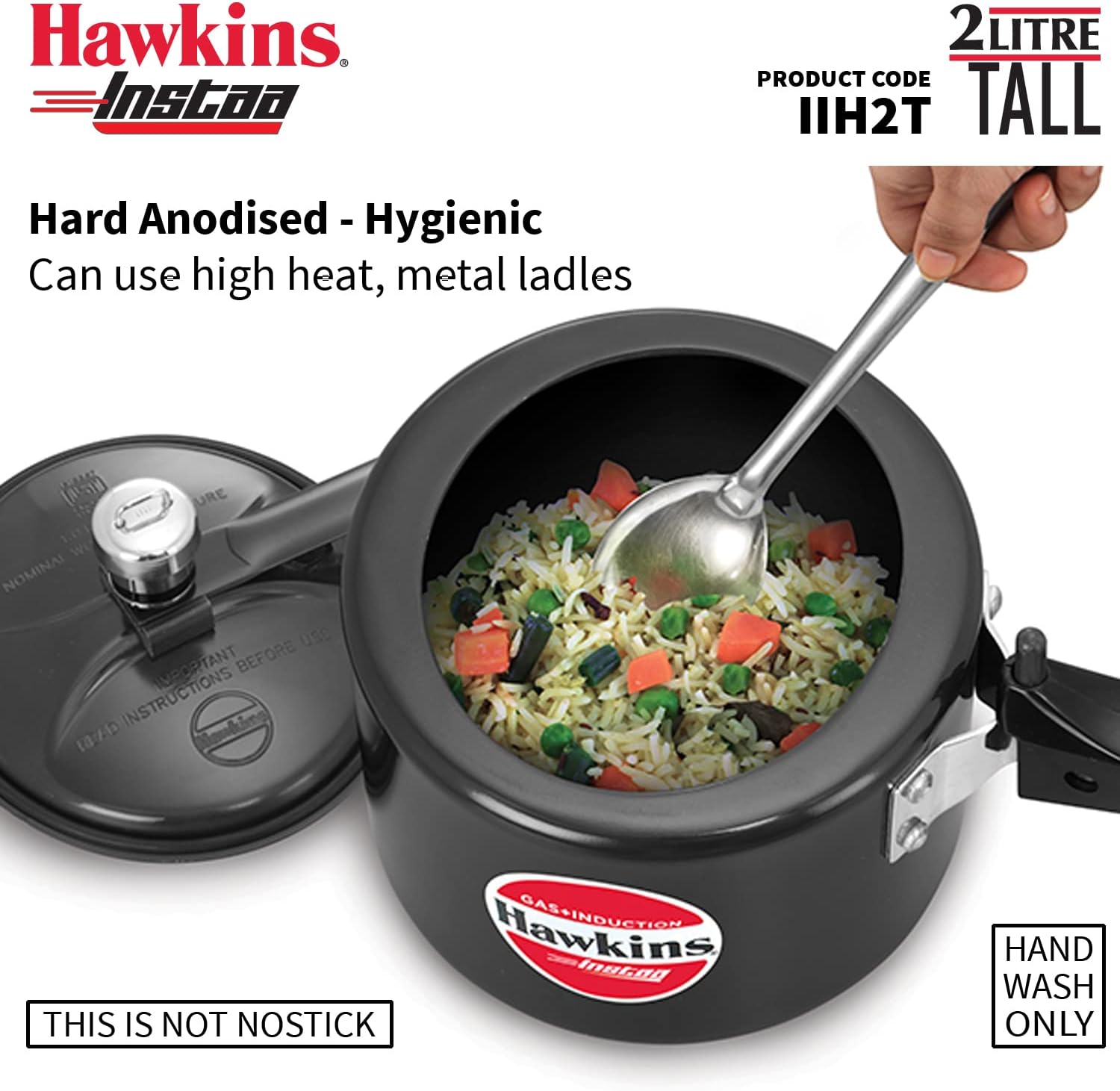 HAWKINS 2 Litre Instaa Pressure Cooker, Induction Inner Lid, Hard Anodised, Black