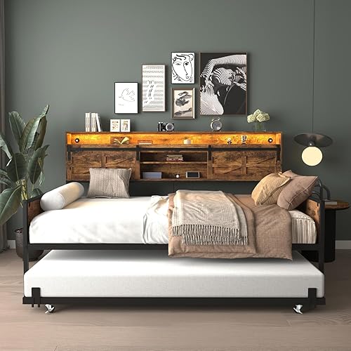Daybed with Trundle and LED Lights, Metal Twin Bed Frame
