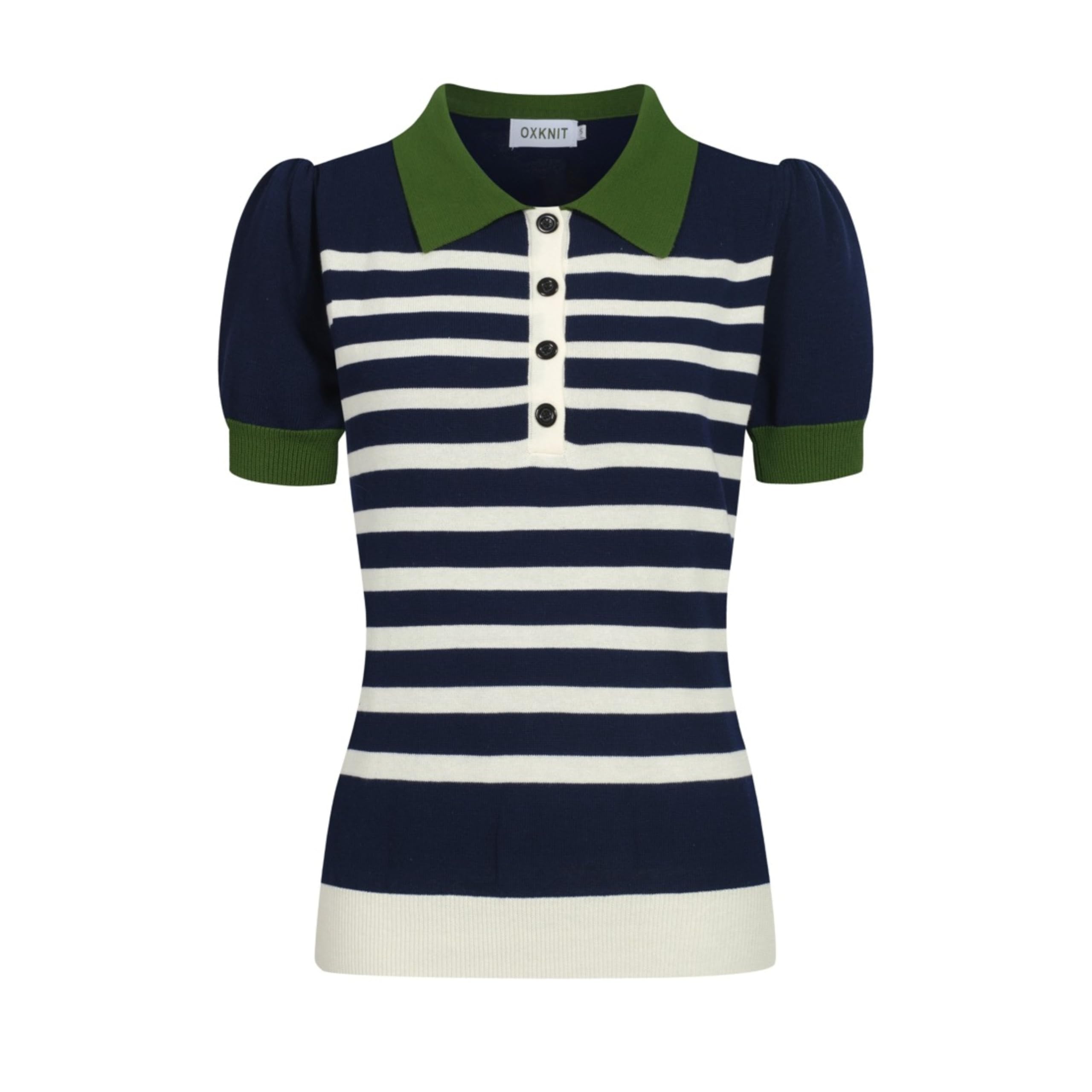 OXKNIT Poloshirt Damen Vintage Dunkelblau Gestreiftes Strickpolo mit Puff Ärmel