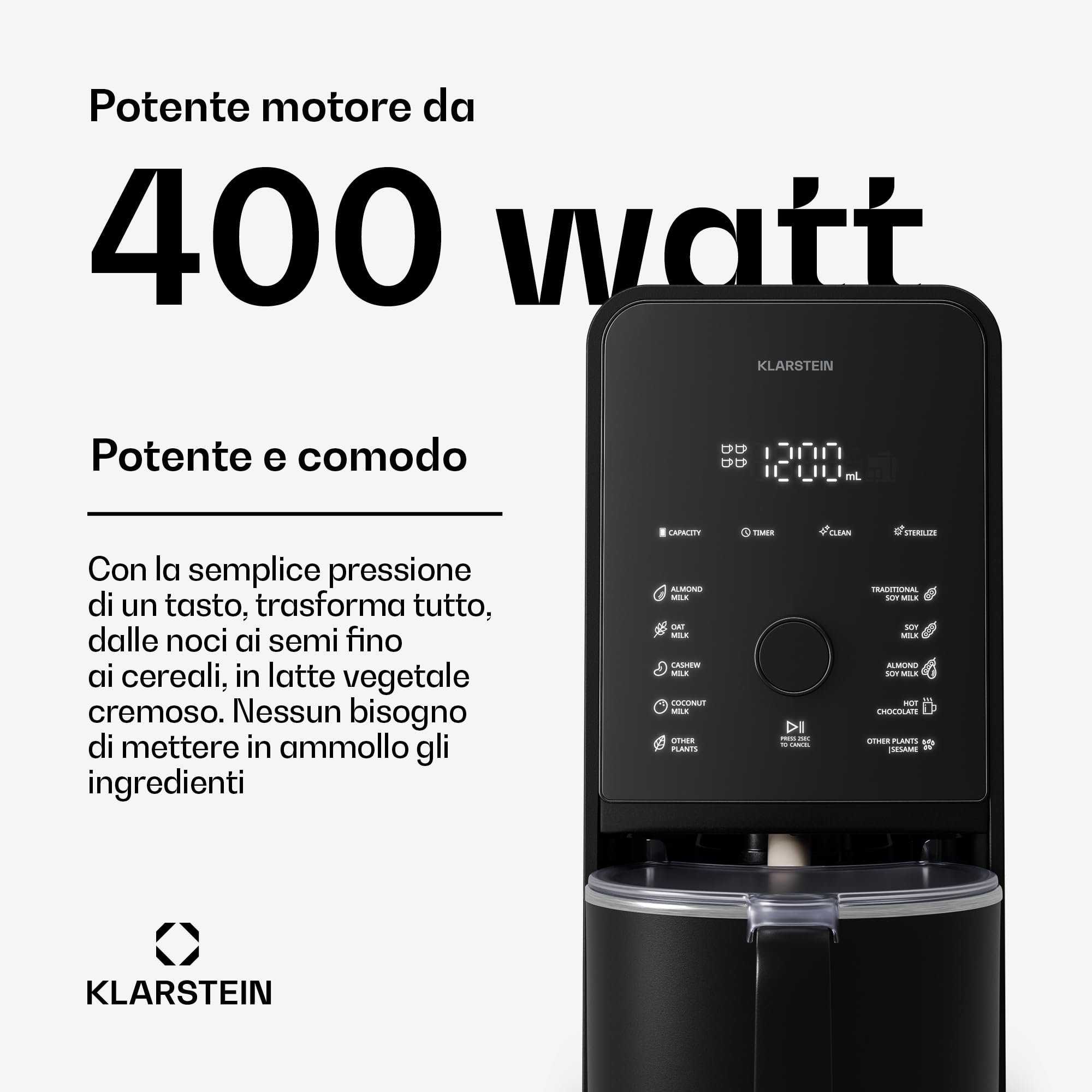 Klarstein Marcia Touch Macchina per il Latte Vegetale, 1200W, 12 Programmi, Autopulente, Display LCD, Brocca 1.2L Acciaio, per Latte di Mandorle, Avena & Noci