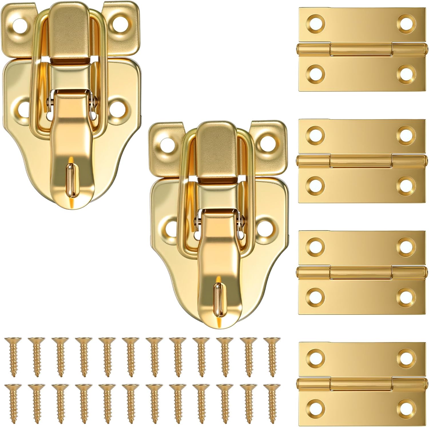 2 Pack Retro Gold Style Duckbilled Hasp Clasp Latch, Antique Metal Box Latch Toggle Hasp Catch with Padlock Hole and 4 Pcs Hinges with Matching Screws Kit for Wooden Jewelry Box Cabinet Toolbox