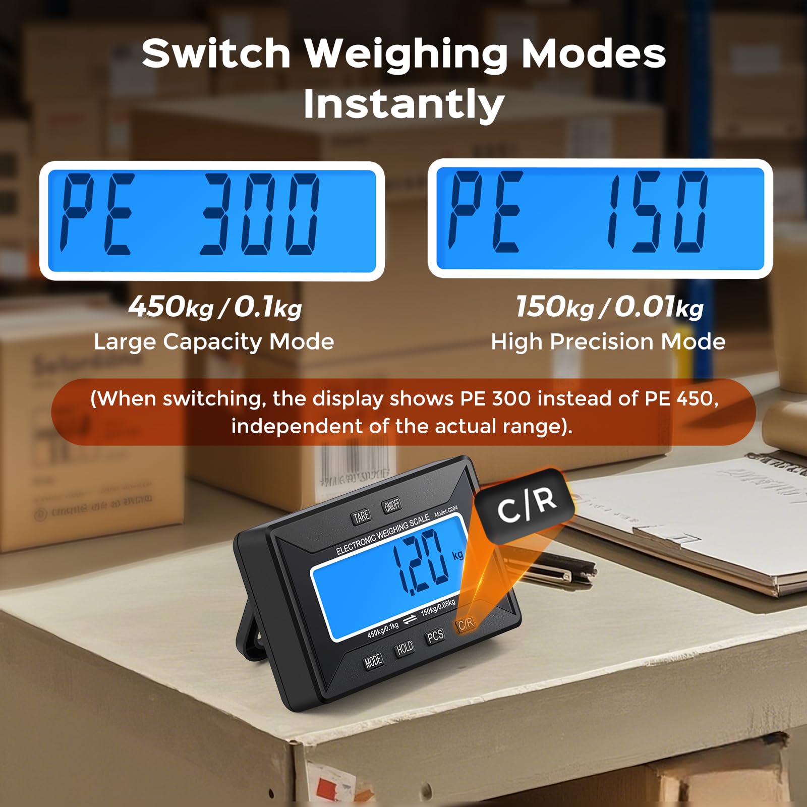 Bonvoisin Báscula postal inalámbrica 450 kg/992 lb, alcance 10 m, pantalla LCD independiente, modo dual 0,1 kg/0,05 kg, conmutable kg/lb/oz/lb:oz, funciones tara/hold/conteo