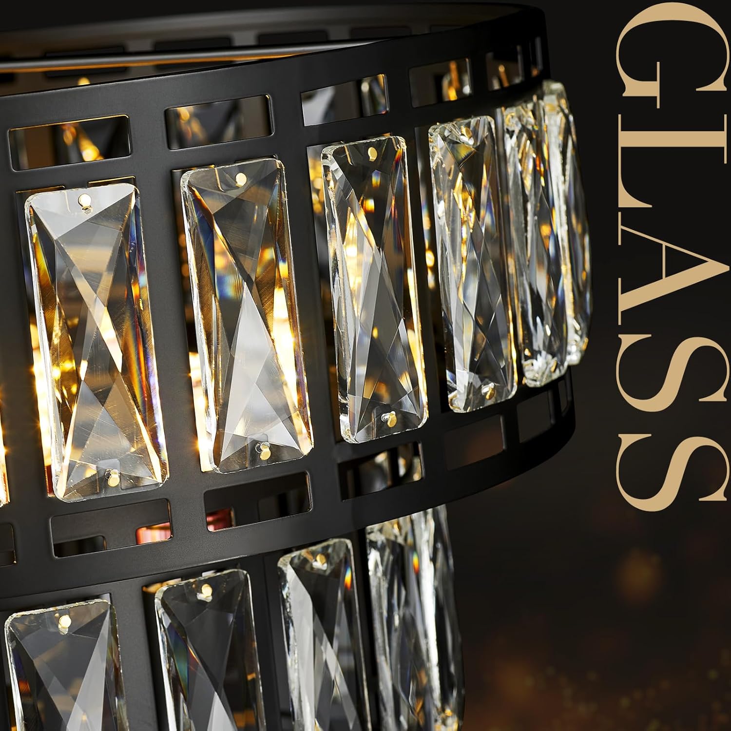 Dining Room Chandeliers K9 Crystal Black Metal Chandelier Modern 2-Tier Drum Farmhouse 16in Contemporary Round Light Fixture for Bedroom Entryway Kitchen Island Living Room