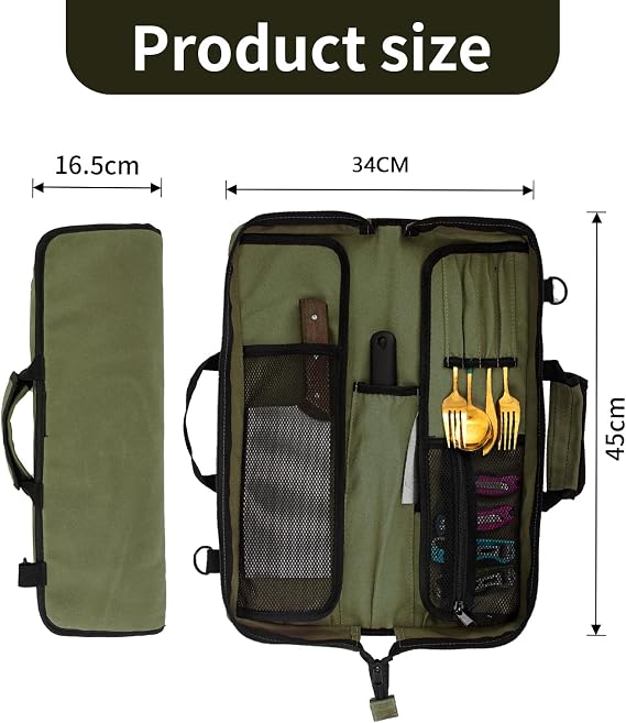 Chef Knife Roll Bag Case (12 Pockets),Heavy Duty Waxed Canvas Chef Knife Roll Bag Storage with Handle,Knife Carrying Case Multi-function Knife Tool Roll Bag for Home Kitchen Traveling (army green)