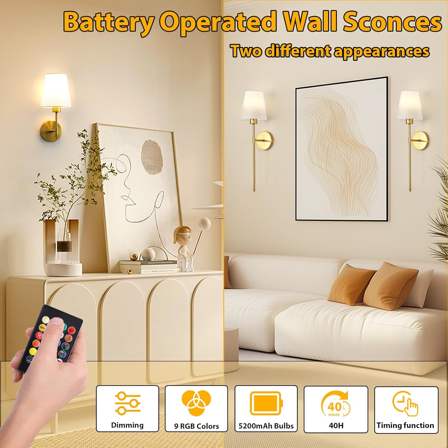 Battery Operated Wall Sconce Set of 2, Gold Rechargeable Wireless Wall Sconces with Remote & 5200mAh Dimmable RGB Bulbs, 10 Colors Adjustable Wall Light for Living Room Bedroom Hallway