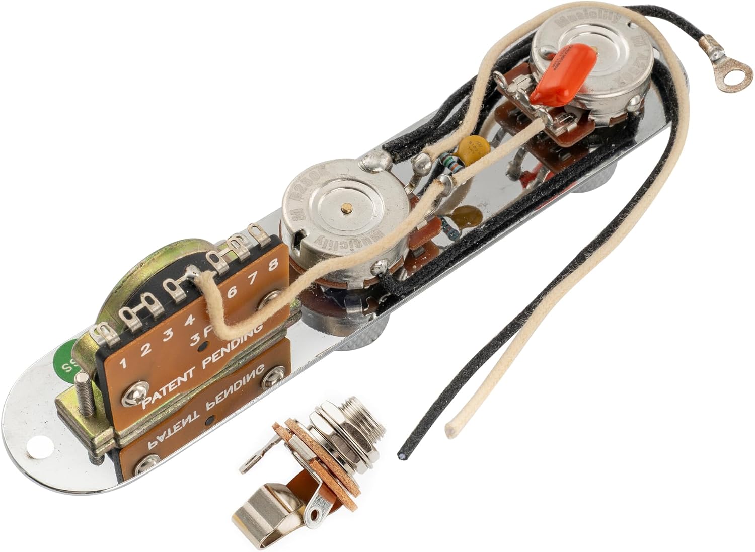Musiclily Pro Loaded Control Plate Guitar Pre-Wired 3-Way Blade Switch with Wiring Harness 250K Potentiometers for Import Style Tele Electric Guitar, Chrome
