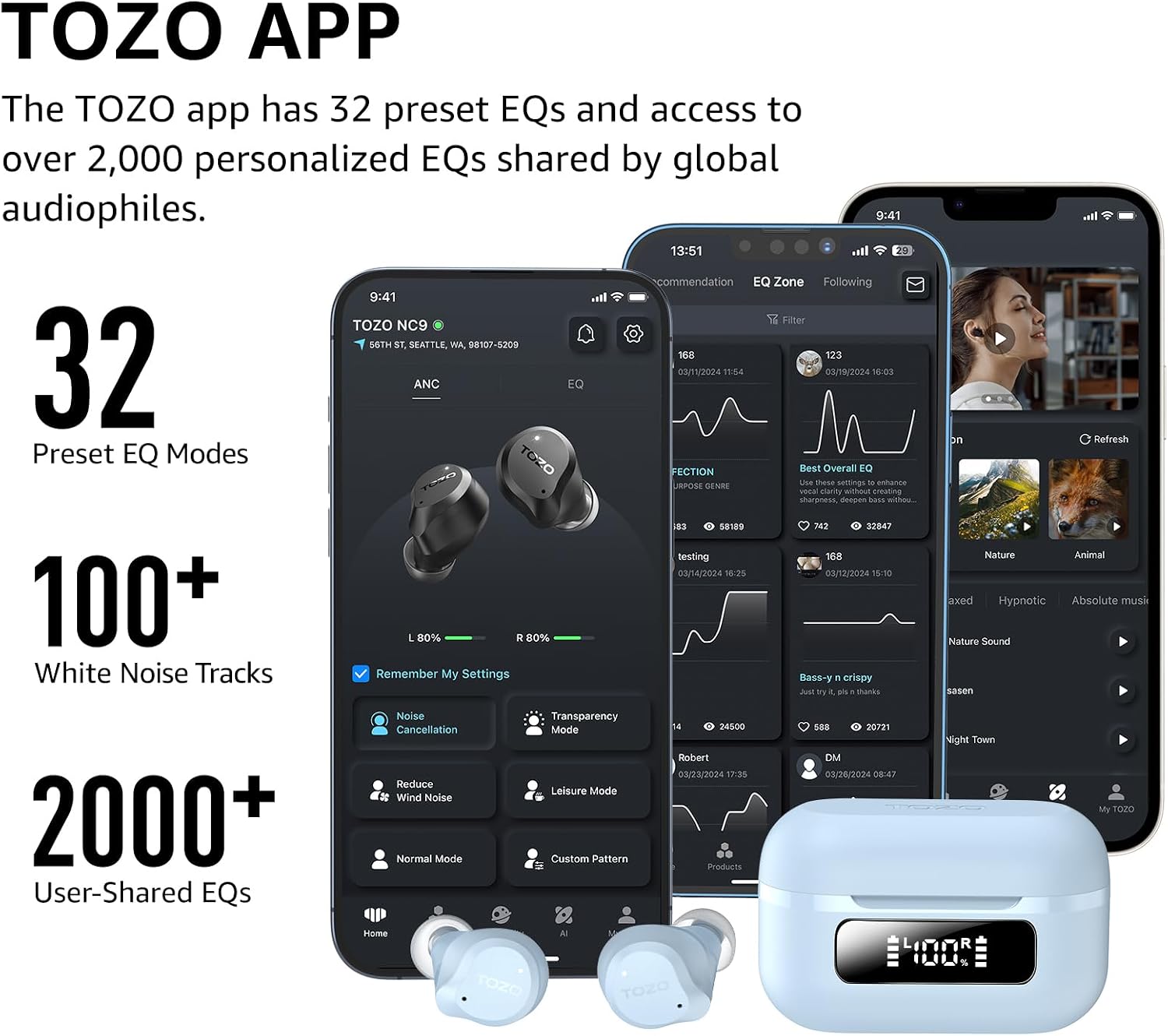 TOZO NC9 Hybrid Active Noise Cancelling Wireless Earbuds, 6 Mics ENC Clear Call, IPX8 Waterproof, in Ear Bluetooth 5.3 Headphones Stereo Bass Ear Buds 60H Playtime with LED Display 32 EQs via APP - 4