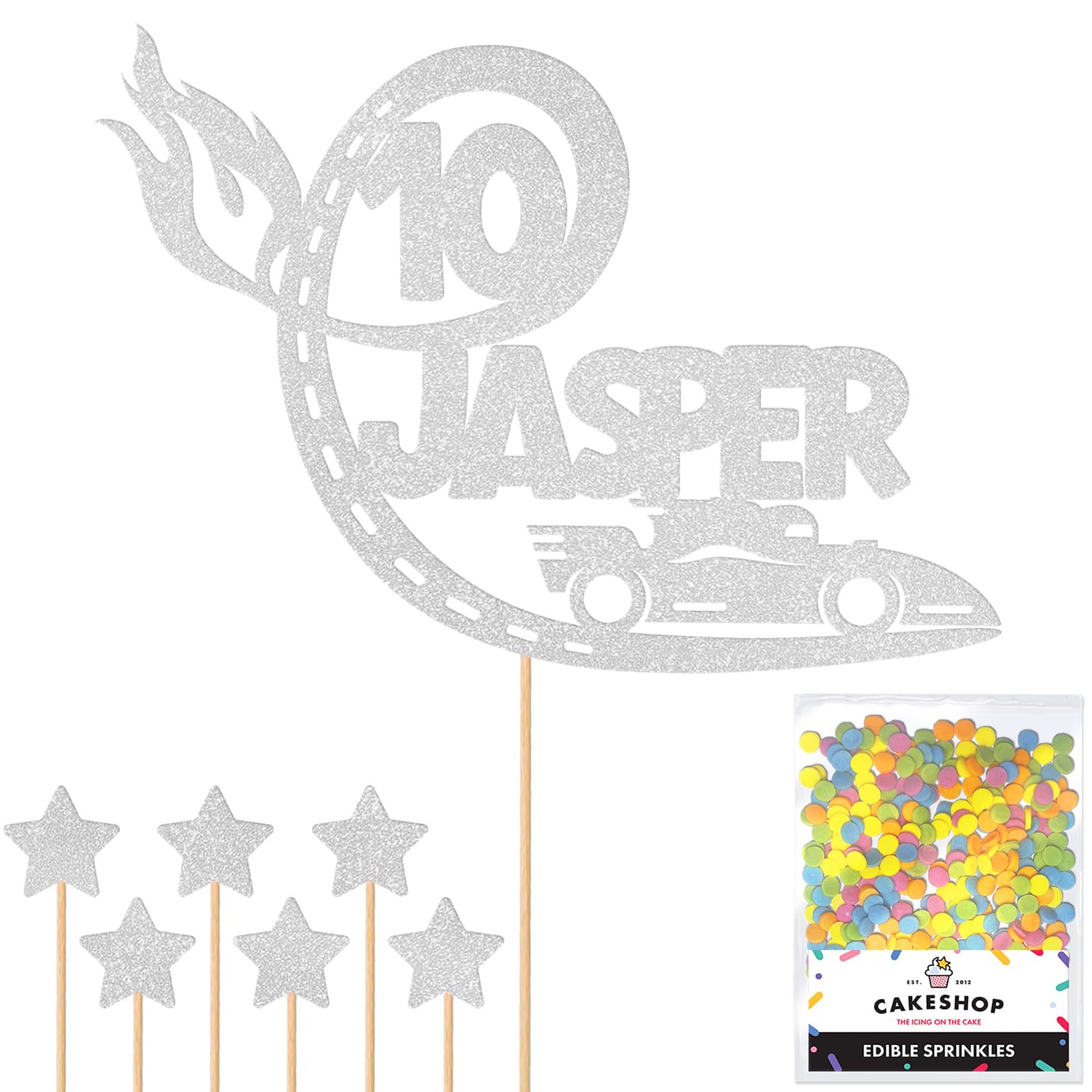 Personalised F1 Motor Racing Car Glitter Cake Topper - Light Silver Custom Age & Name Glitter Cake Decoration and Sprinkles - Happy Birthday Decorations - Personalised Toppers for Cakes by Cakeshop