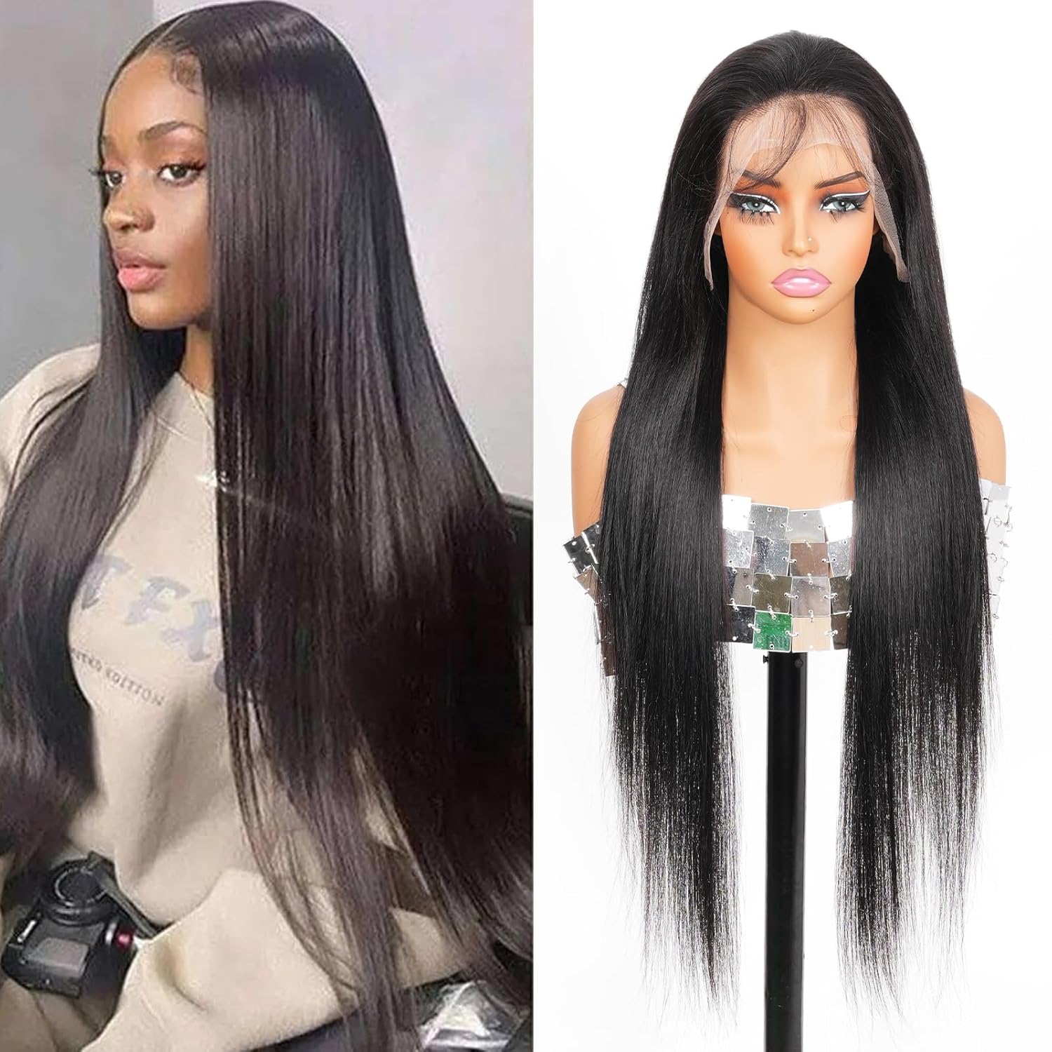 26 Inch Straight Lace Front Wigs Human Hair - Pre Plucked 13x4 HD Transparent Lace Frontal 180% Density Remy Hair Natural Straight Wigs for Women Natural Color