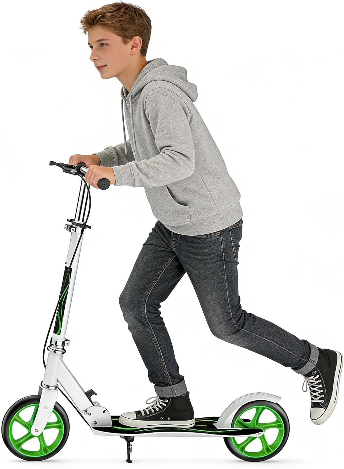 Kick Scooter for Adults Teens Kid Foldable Lightweight Sport Scooters with Hand Brake Adjustable Height Folding, Large Wheels Durable Load 300 LBS White