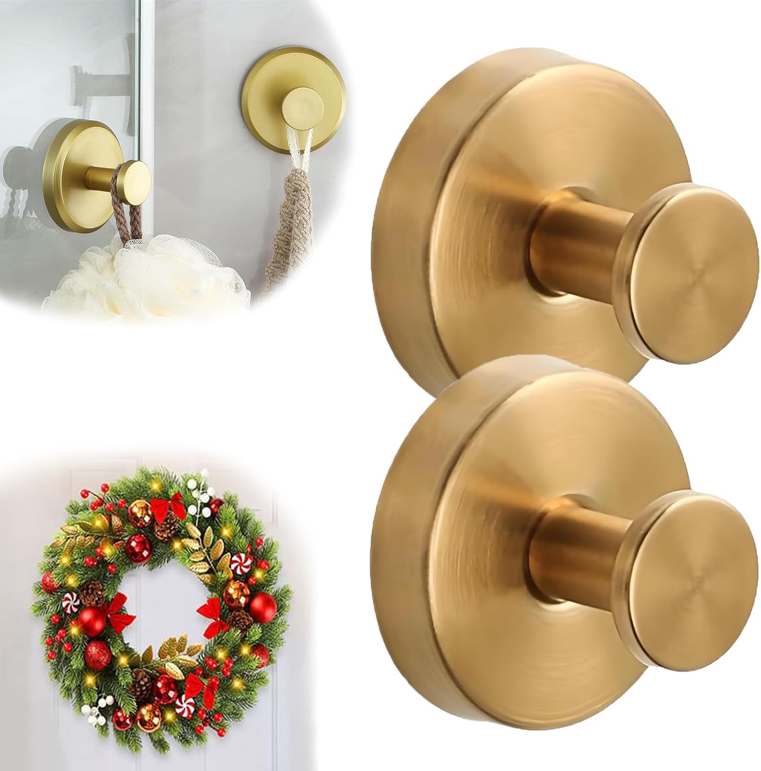 Suction Cup Hooks for Door Wreaths, 2025 Upgraded Multipurpose No Drill Heavy-Duty Suction Cup Hooks for Shower, Hanging Towels, Bathroom, Shower Doors, Tile, Mirrors, Holiday Use (Gold, 6Pcs)