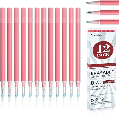 Vanstek 12 recargas de bolígrafo de gel borrable rojo, recargas de tinta de gel compatibles con bolígrafos borrables, punta fina de 0.7 mm,