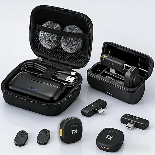 BSONE Micrófono Lavalier inalámbrico para iPhone y Android, mini micrófono con clip con funda de carga, micrófonos profesionales recargables de