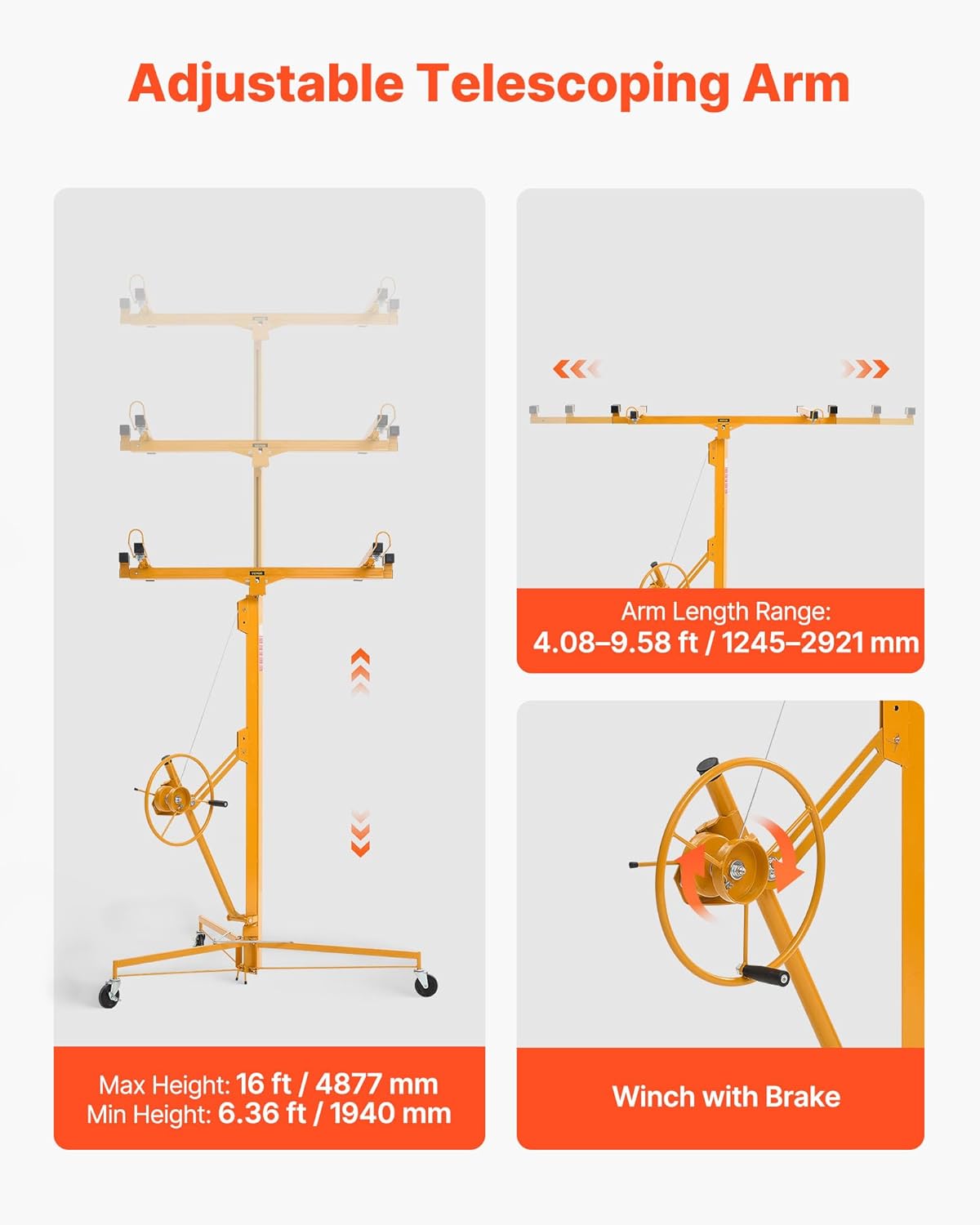 VEVOR 16ft Drywall Lift, Heavy-Duty 150 lbs Sheetrock Hoist with Adjustable Telescoping Arm, Lockable Wheels, Drywall Lifter Panel Jack Hoist Tools Ideal for Ceiling & Wall Installation (Yellow)