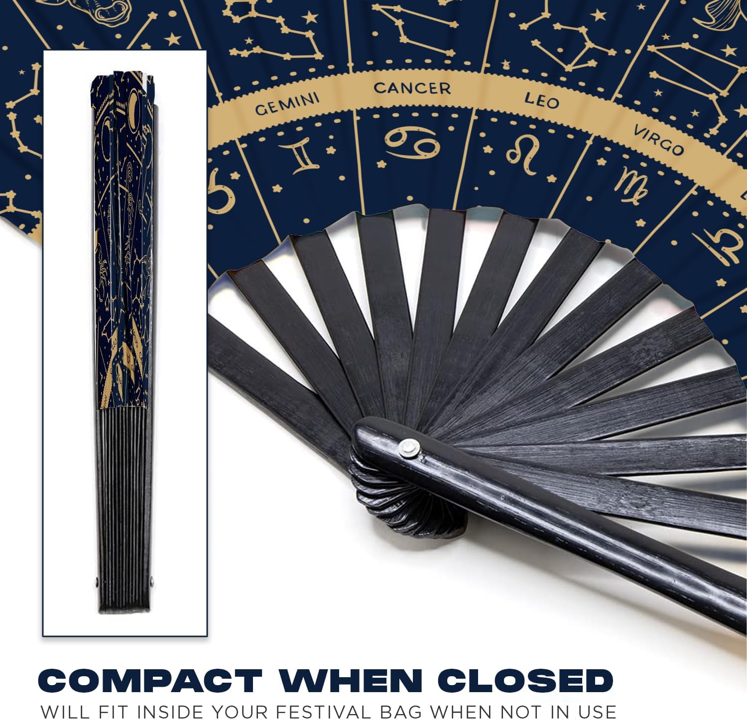 GloFX Rave Fan - Zodiac Signs - Large Folding Hand Fan Astrological Signs Designs for Festival Outfits, Cosmic Events - Perfect Accessory for Astrology Enthusiasts and Stargazers