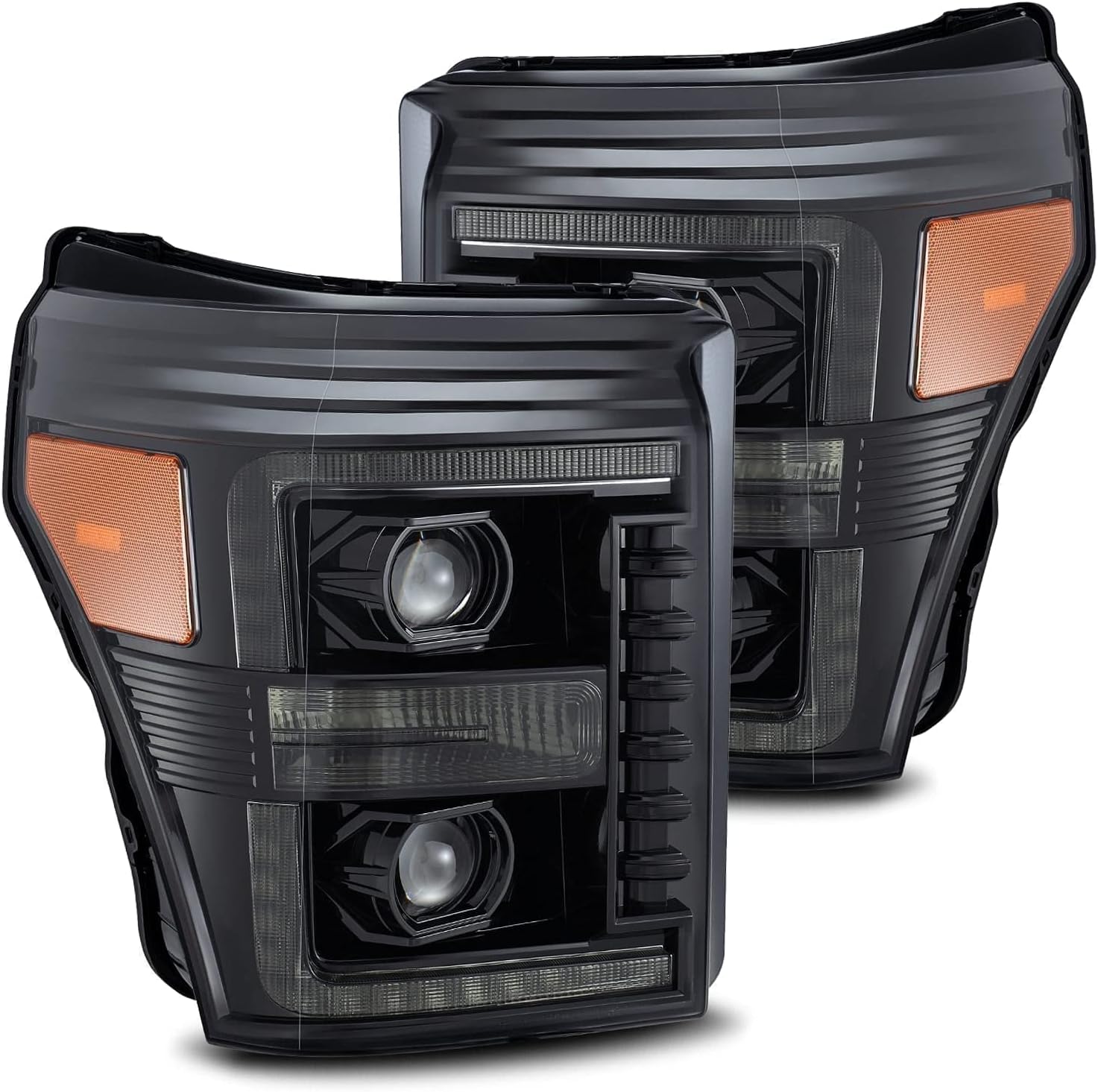 AlphaRex Alpha Black For 11-16 F250/F350/F450/F550 DRL/Sequential Signal LED Tube Dual Super Duty 4th Gen Look Switchback Projector Headlights