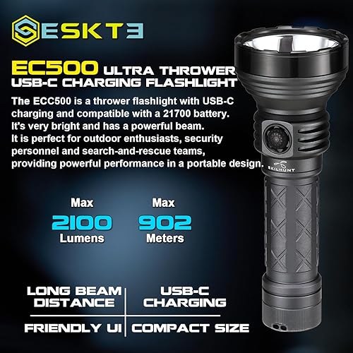 Miniatura 2 de SKILHUNT EC500 2100 lúmenes 21700 USB-C linterna recargable de largo alcance (blanco frío 6500 K, negro)