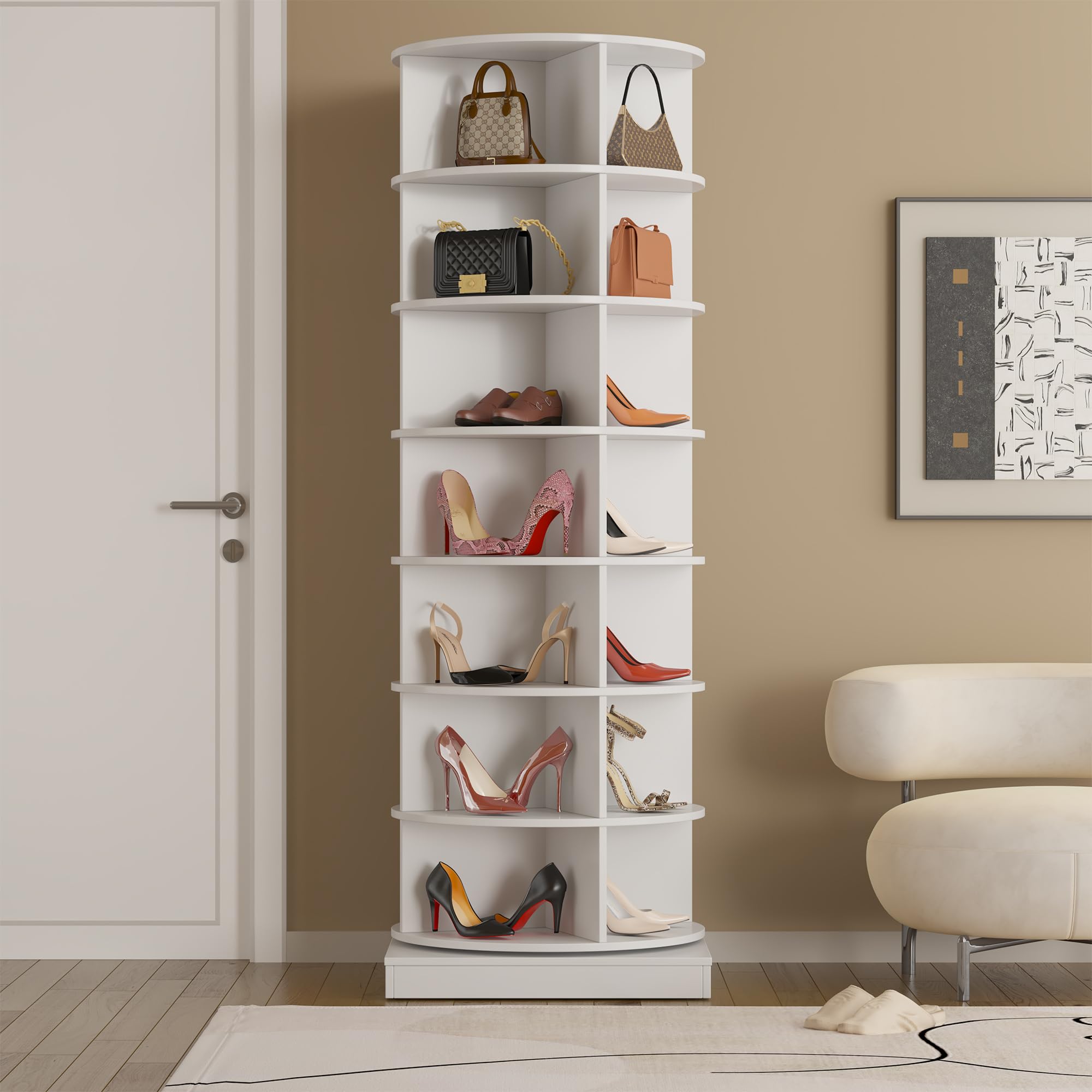 Pvillez 7-Tier Rotating Shoe Rack Tower, Spinning Shoe Rack, 360° Revolving Free Standing Shoe Rack, Rotating Lazy Susan Shoe Organizer for Entryway Doorway Hallway, Can Hold 28 Pairs of Shoes White