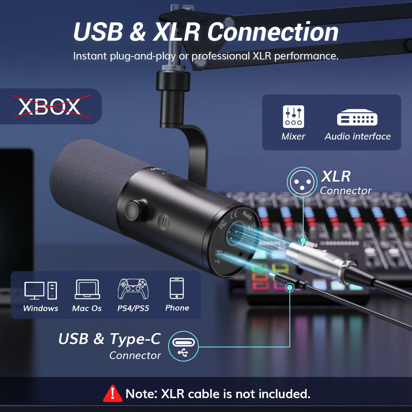 TONOR USB/XLR Dynamic PC Gaming Microphone, Cardioid Studio Microphone with Podcasting, Streaming, Voice Recording, 3.5mm Headphone Jack, Mute Button, TD510 AIR H+