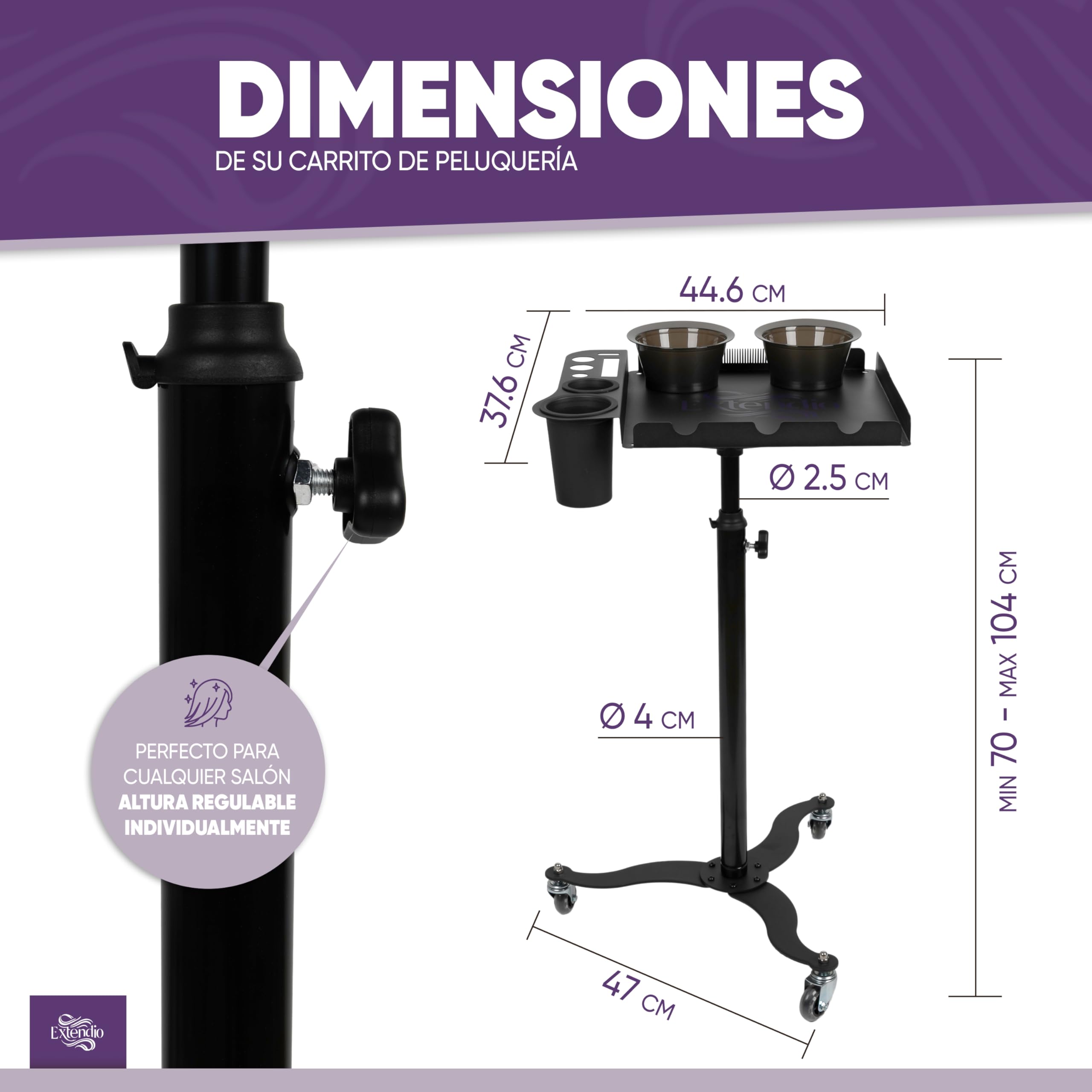 Carrito de peluquería Profesional – móvil y Ajustable en Altura. Bandejas Resistentes al Calor, Cuencos magnéticos y Soporte para Extensiones – Ideal para Salones de Belleza y estilistas móviles